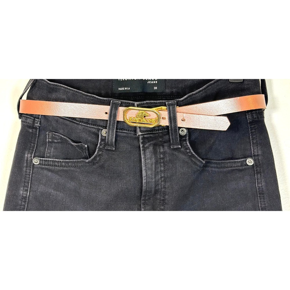 Vintage Jordache Brass buckle belt y2k pink‎ metallic leather thin 3/4"